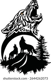 lobo está uivando sobre o crescente e há uma árvore e dois outros lobos na colina. Vetor preto e branco desenho digital com olho laranja. silhueta de lobo.