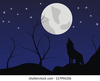 Wolf howling over the full moon