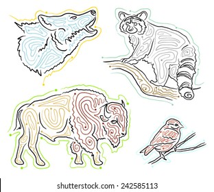 wolf howling, raccoon in a tree, bison, buffalo, sparrow sitting on a limb