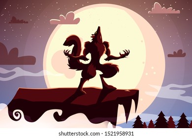 wolf howling in scene of halloween vector illustration design