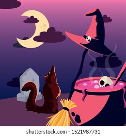 wolf howling in scene of halloween vector illustration design