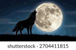 Wolf howling silhouette, full moon night sky vector, wild animal on grass, stars background, nature scene, wilderness, nocturnal wildlife, dramatic illustration