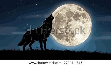 Wolf howling silhouette, full moon night sky vector, wild animal on grass, stars background, nature scene, wilderness, nocturnal wildlife, dramatic illustration