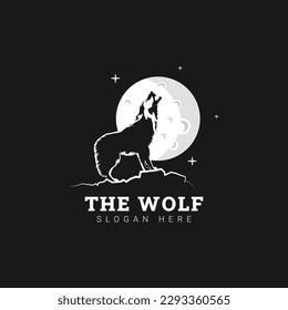 Wolf howling under the full moon logo vector icon illustration