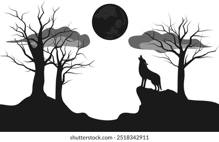 wolf howling under full moon on the forest with dead trees. vector illustration isolated on white background.