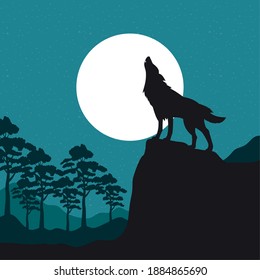 wolf howling wild fauna silhouette scene vector illustration design