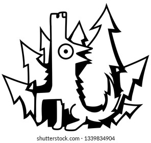 Wolf howling woods funny cartoon stencil black, vector illustration, horizontal, isolated