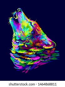 Wolf howls. Abstract, colorful, neon portrait of a wolf's head on a dark blue background in pop art style.