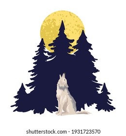 Wolf howls against a dark forest background. Wild beast in winter or at night. Vector character illustration. Lonely character concept, cover print design