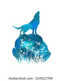 El lobo aullaba en el bosque azul sobre una piedra. Ilustración del vector