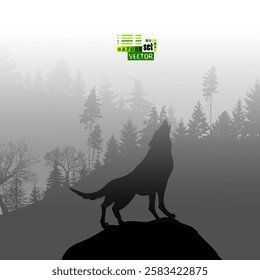 A wolf howls in a foggy forest. hand drawing. Not AI, Vector illustration