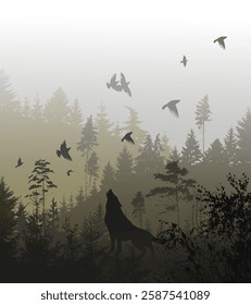 A wolf howls in a foggy forest. hand drawing. Not AI, Vector illustration