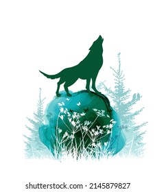 The wolf howls in the forest on a stone. Vector illustration