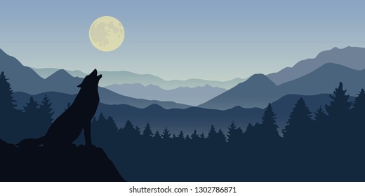 wolf howls at the full moon blue foggy mountain and forest nature landscape vector illustration EPS10