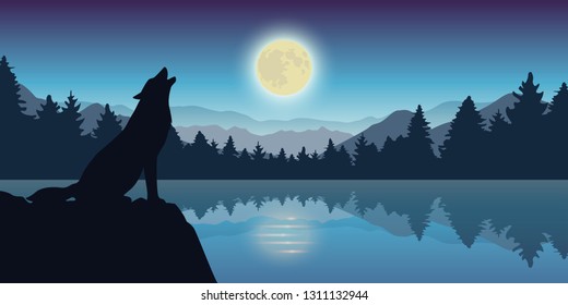 wolf howls at full moon by the lake nature landscape vector illustration EPS10