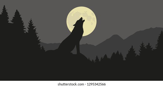 wolf howls at full moon in a forest silhouette vector illustration EPS10