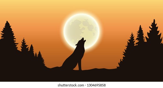 wolf howls at the full moon in forest orange sky vector illustration EPS10