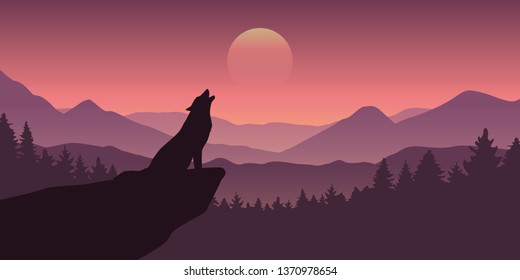 wolf howls at full moon purple wildlife nature landscape vector illustration EPS10