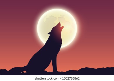 wolf howls at full moon silhouette vector illustration EPS10