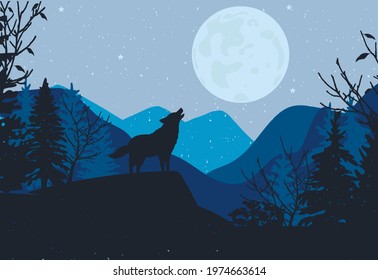 the wolf howls at the full moon. vector. forest and mountains. eps