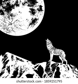 The wolf howls at the moon against the background of abstract mountains. Engraving style. Black ink brush texture. Black and white. Vector illustration