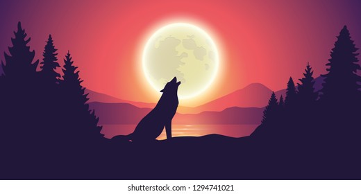 wolf howls the moon by the lake at forest and mountain landscape vector illustration EPS10