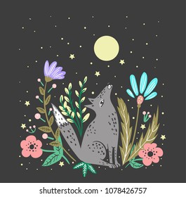 wolf howls to the moon cute illustration