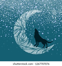 The wolf howls at the moon. Decorative abstract picture. Vector