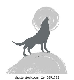 O lobo uiva na lua. Design gráfico em uma t-shirt. desenho à mão. Não é IA, Ilustração de vetor