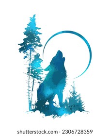 The wolf howls at the moon graphics. blue werewolf. Tattoo, t-shirt print. Vector illustration