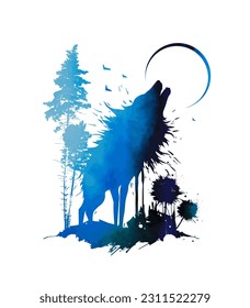 The wolf howls at the moon graphics. blue werewolf. Tattoo, t-shirt print. Vector illustration