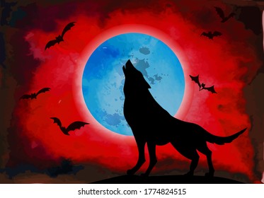 Wolf howls at the moon. Happy Halloween. Vector illustration