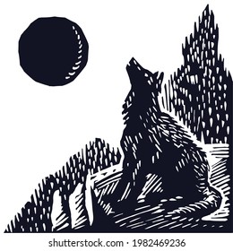 Wolf howls at the moon illustration. A lone wolf howls at the full moon. Night with a full moon illustration