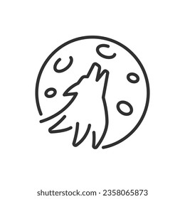 A wolf howls at the moon, linear icon. Full moon. Line with editable stroke