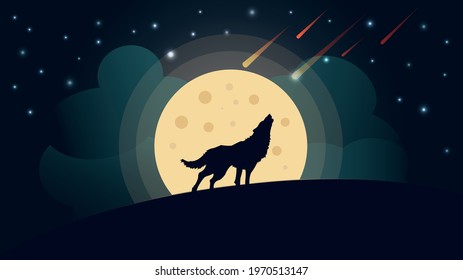 Wolf howls at the moon at night vector illustration