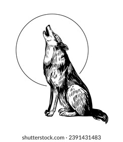 The wolf howls at the moon. set of realistic hand drawn illustrations, vector sketches