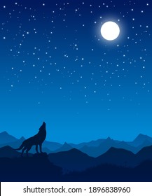 The wolf howls at the moon. Starry sky in the mountains. Vector illustration