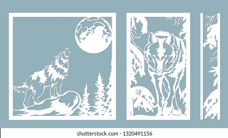 wolf howls at the moon. Vector illustration. Paper wolf sticker. Laser cut. Template for laser cutting and Plotter. Vector illustration. Sticker. Pattern for the laser cut, serigraphy, plotter and scr
