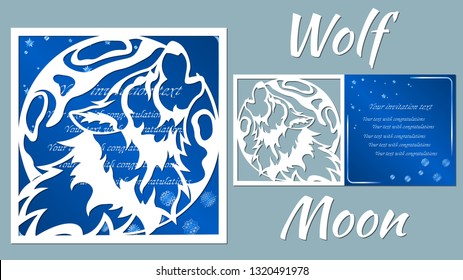 wolf howls at the moon. Vector illustration. Paper wolf sticker. Laser cut. Template for laser cutting and Plotter. Vector illustration. Sticker. Pattern for the laser cut, serigraphy, plotter and scr