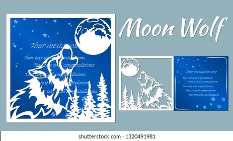 wolf howls at the moon. Vector illustration. Paper wolf sticker. Laser cut. Template for laser cutting and Plotter. Vector illustration. Sticker. Pattern for the laser cut, serigraphy, plotter and scr