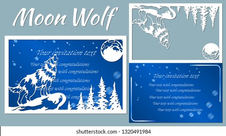 wolf howls at the moon. Vector illustration. Paper wolf sticker. Laser cut. Template for laser cutting and Plotter. Vector illustration. Sticker. Pattern for the laser cut, serigraphy, plotter and scr