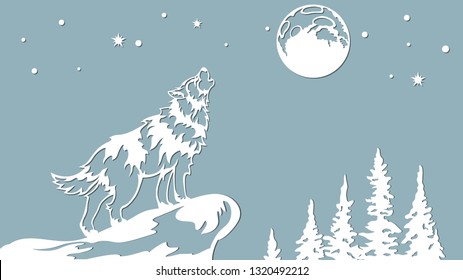 wolf howls at the moon. Vector illustration. Paper wolf sticker. Laser cut. Template for laser cutting and Plotter. Vector illustration. Sticker. Pattern for the laser cut, serigraphy, plotter and scr