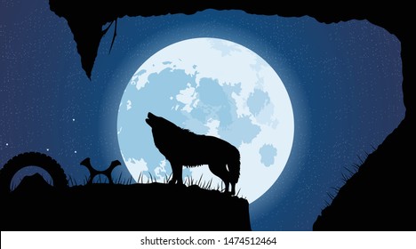 The wolf howls in the moonlight. Full moon. The cave of the beast. Starlight Night. Vector