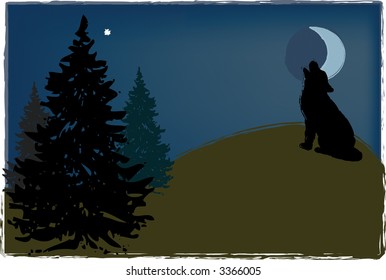 Wolf howls at new moon in this midnight vector illustration.