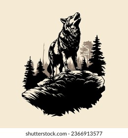 A wolf howls on the edge of a cliff. Black and white illustration.