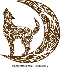 The wolf howls, the wild animal, an animal costs during a month, the dog howls on the moon, an animal with a pattern,  a creature with drawing, a flower on a body, the wild nature, 