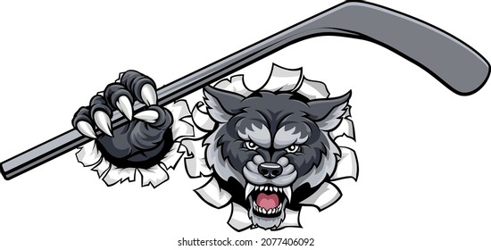 A wolf ice hockey player animal sports mascot holding a hockey stick