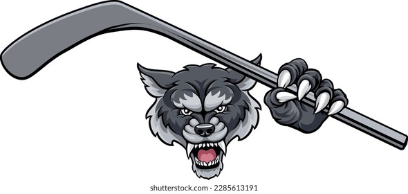 A wolf ice hockey player animal sports mascot holding a hockey stick