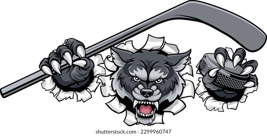 A wolf ice hockey player animal sports mascot holding a hockey stick and puck