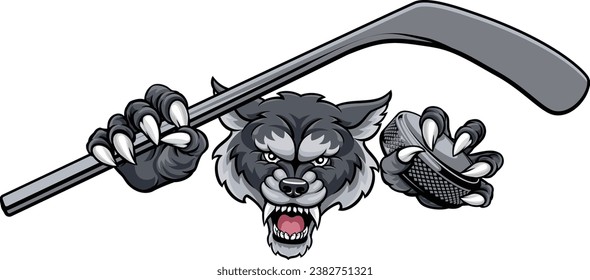 A wolf ice hockey player animal sports mascot holding a hockey stick and puck